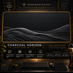 Charcoal Horizon desk mat in a gold-toned showcase frame above a keyboard.