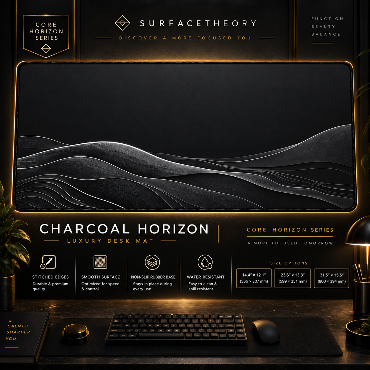 Charcoal Horizon desk mat in a gold-toned showcase frame above a keyboard.