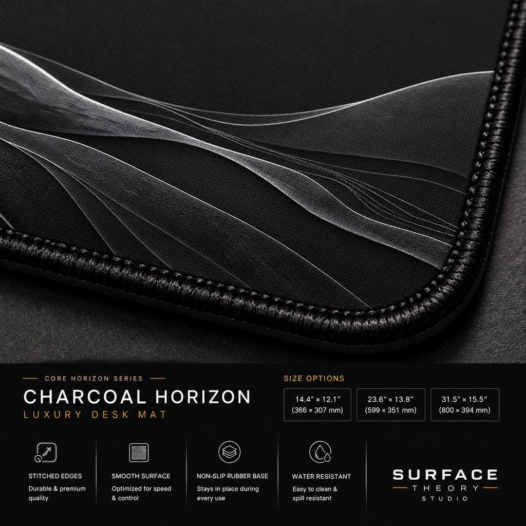 Close-up of Charcoal Horizon printed landscape artwork and black stitched corner.