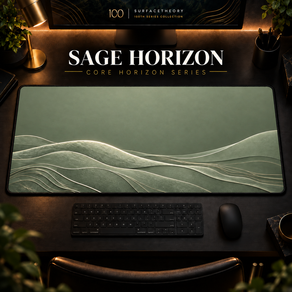 Sage Horizon desk mat, muted sage green with pale landscape contours, in a warm, dark workspace.