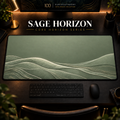 Sage Horizon desk mat, muted sage green with pale landscape contours, in a warm, dark workspace.