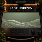 Sage Horizon desk mat, muted sage green with pale landscape contours, in a warm, dark workspace.