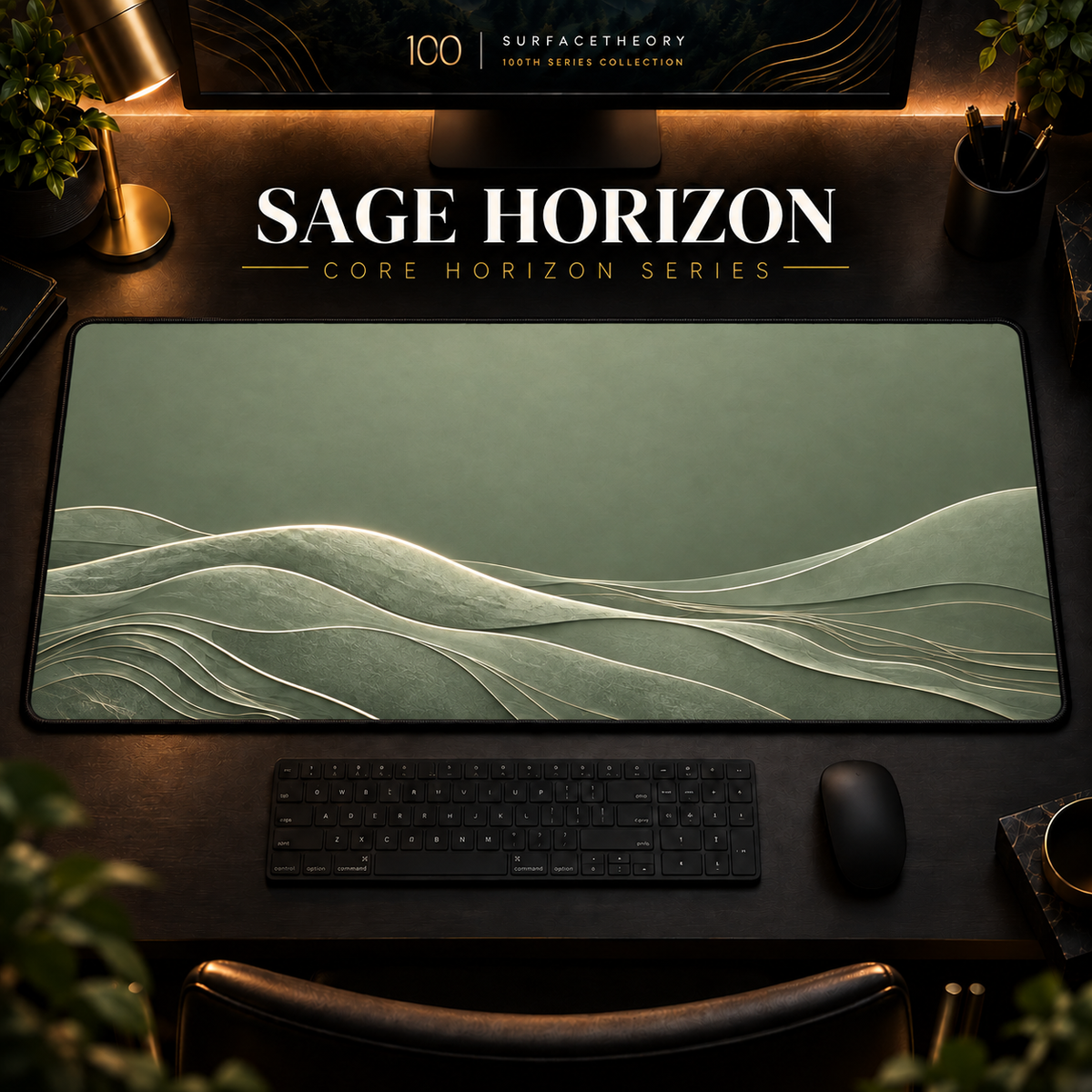 Sage Horizon desk mat, muted sage green with pale landscape contours, in a warm, dark workspace.