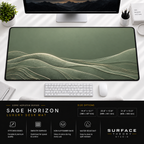 Sage Horizon desk mat beneath a monitor on a bright desk with a white keyboard and mouse.