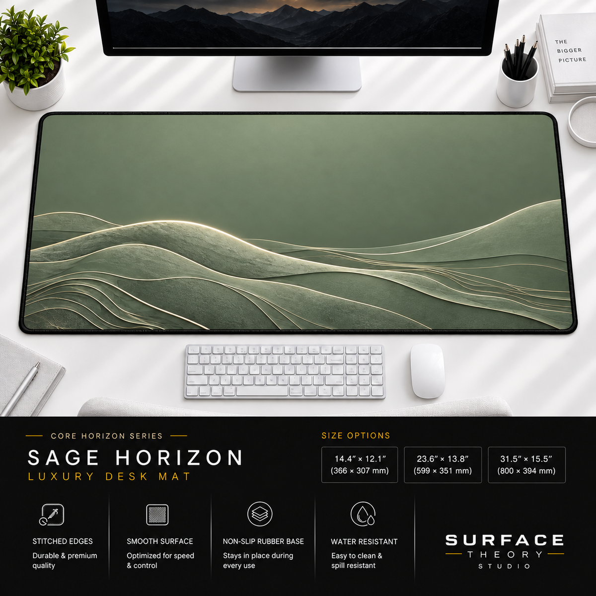 Sage Horizon desk mat beneath a monitor on a bright desk with a white keyboard and mouse.