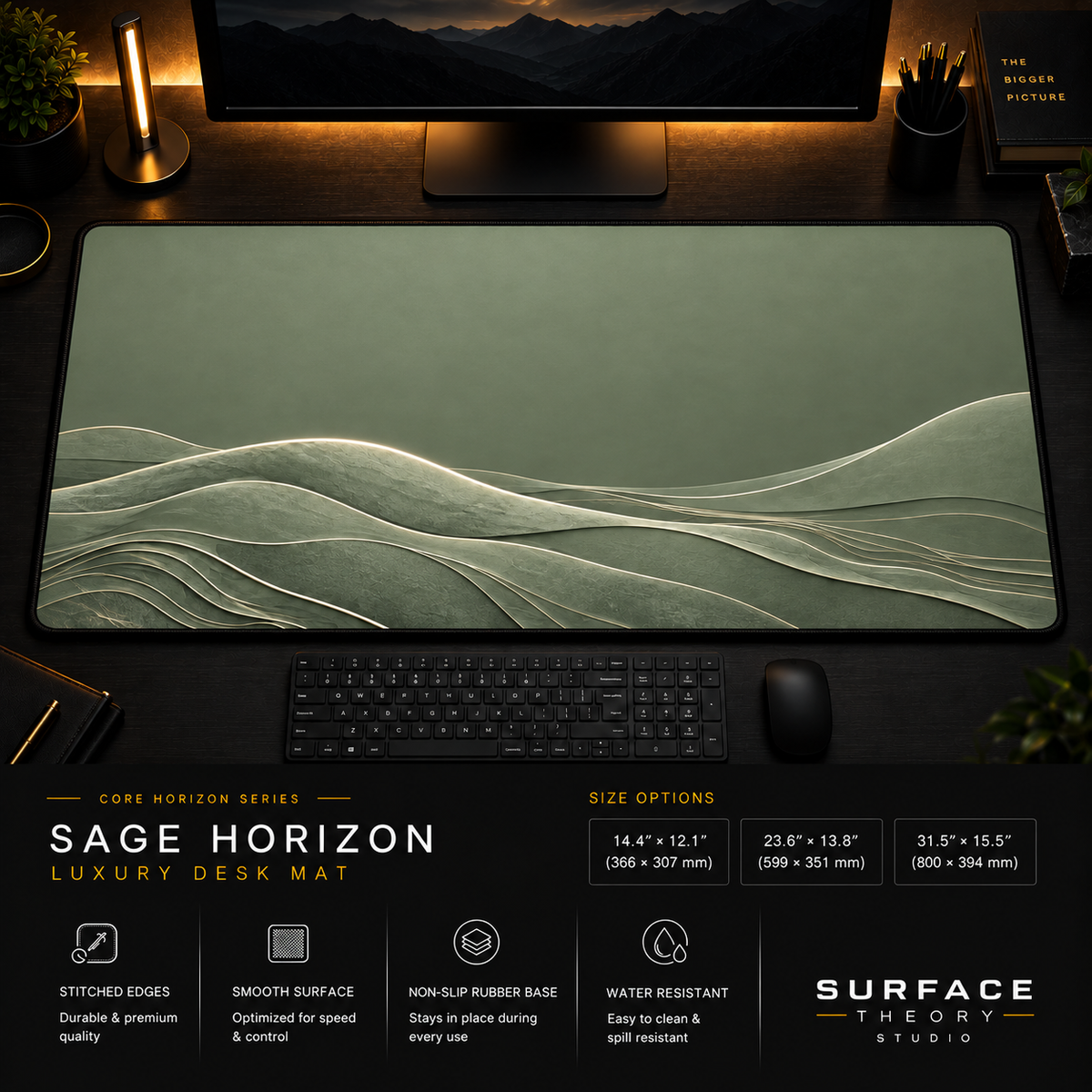 Sage Horizon desk mat in a dark workstation with warm monitor lighting.