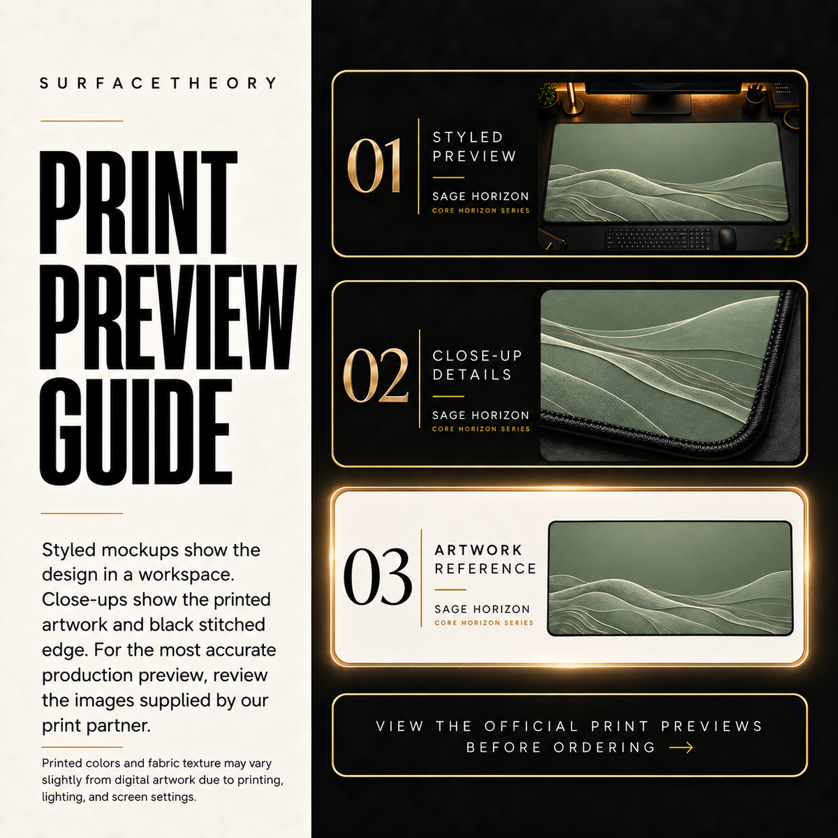 Sage Horizon print preview guide with a styled mockup, close-up and artwork reference.
