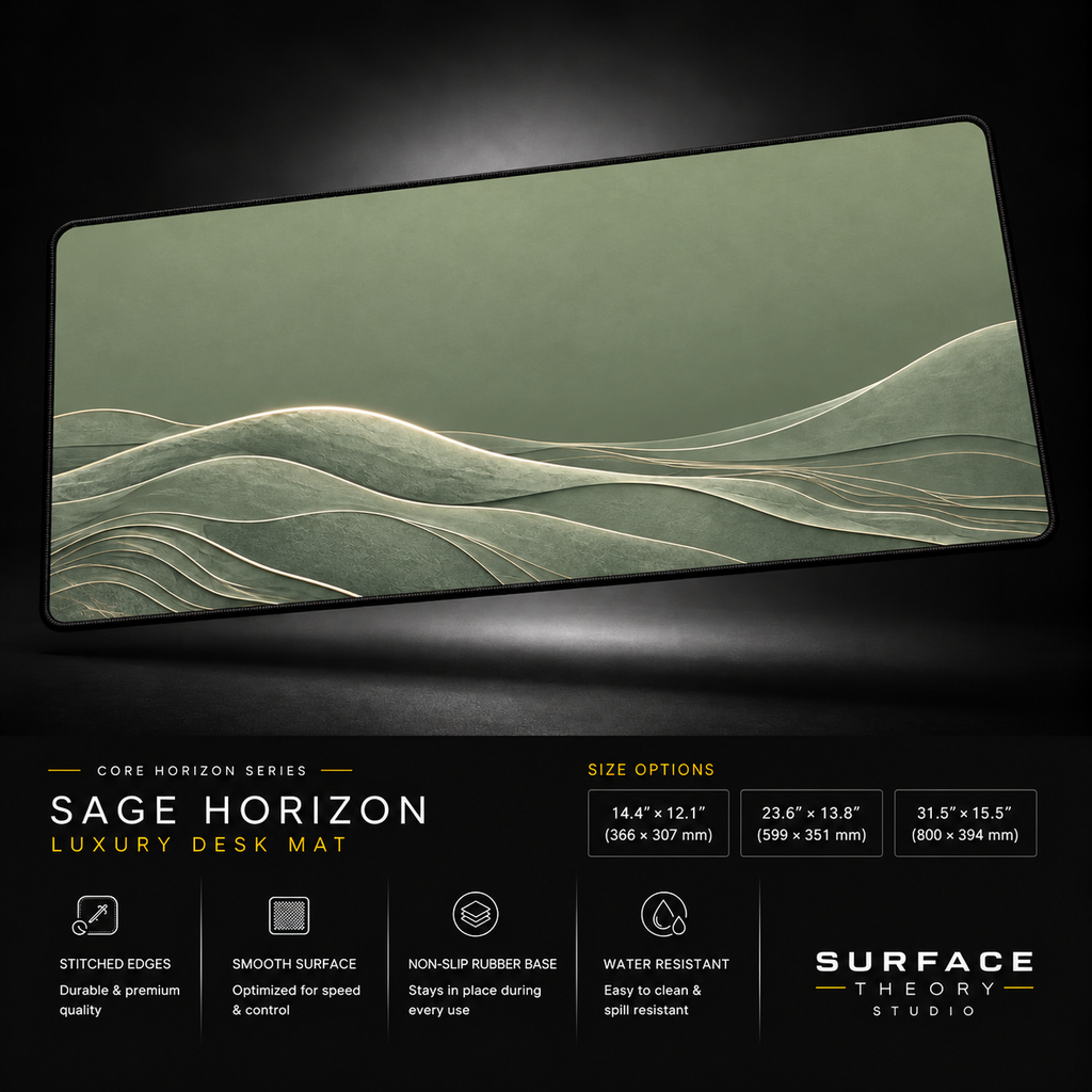 Sage Horizon desk mat floating against a dark studio background.