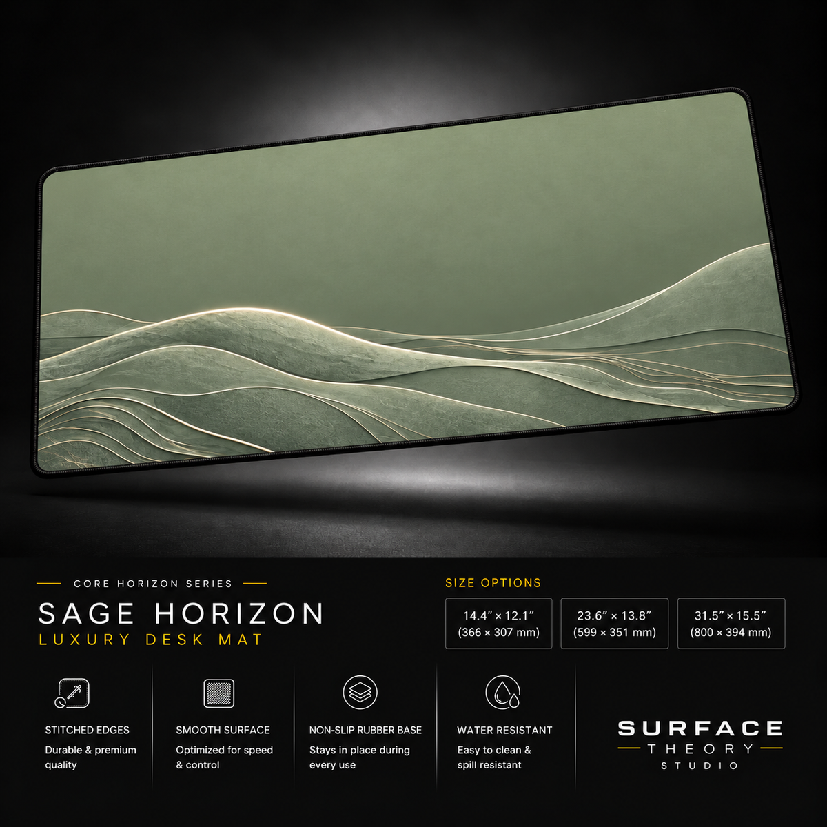 Sage Horizon desk mat floating against a dark studio background.