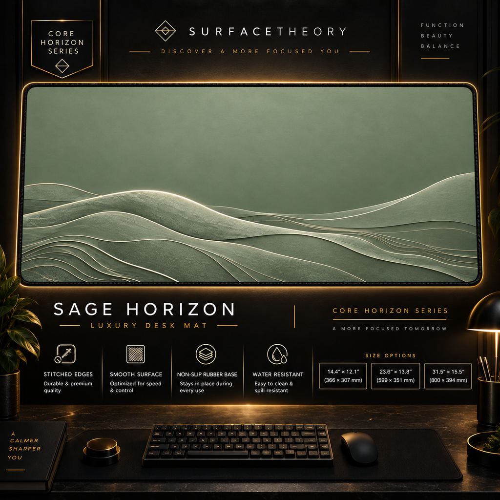 Sage Horizon desk mat in a gold-toned showcase frame above a keyboard.
