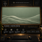 Sage Horizon desk mat in a gold-toned showcase frame above a keyboard.