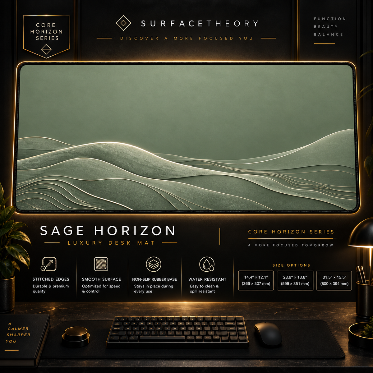 Sage Horizon desk mat in a gold-toned showcase frame above a keyboard.