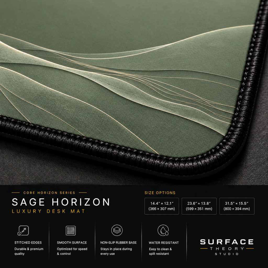 Close-up of Sage Horizon printed landscape artwork and black stitched corner.