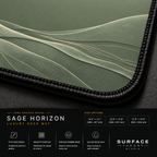 Close-up of Sage Horizon printed landscape artwork and black stitched corner.