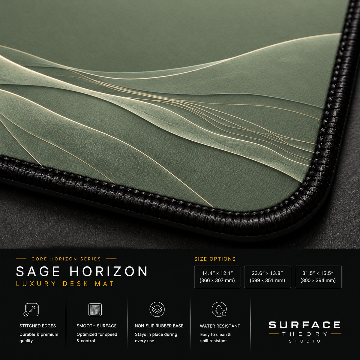 Close-up of Sage Horizon printed landscape artwork and black stitched corner.