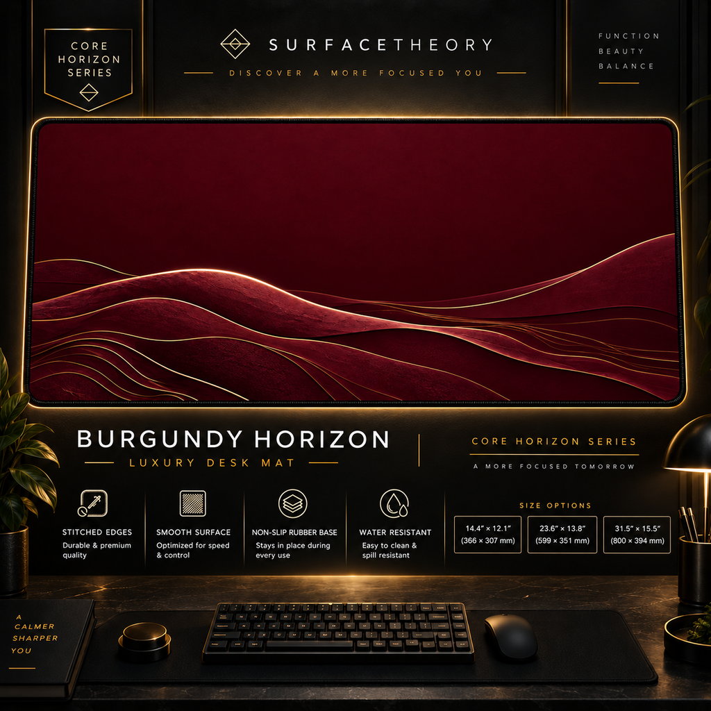 Burgundy Horizon desk mat in a gold-toned showcase frame above a keyboard.