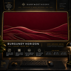 Burgundy Horizon desk mat in a gold-toned showcase frame above a keyboard.