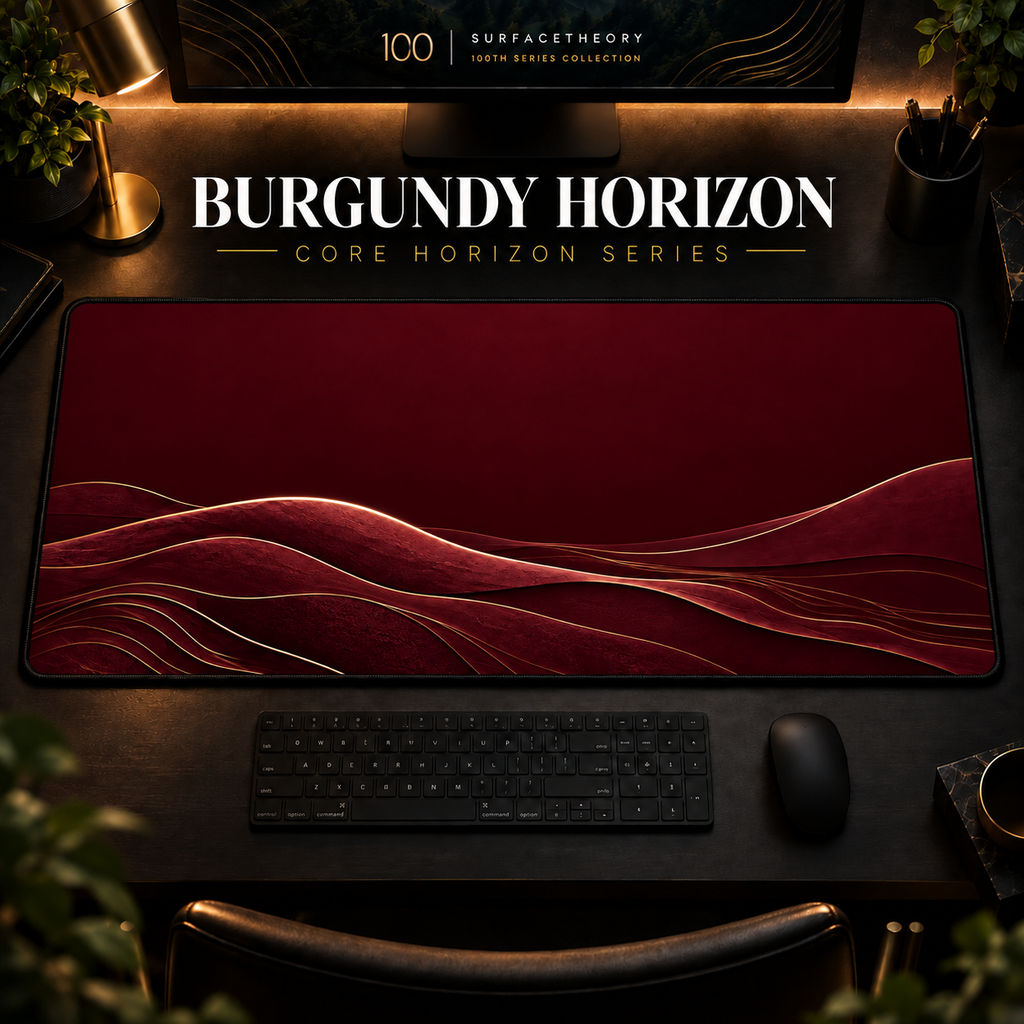 Burgundy Horizon desk mat, burgundy with gold-toned landscape contours, in a warm, dark workspace.