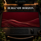 Burgundy Horizon desk mat, burgundy with gold-toned landscape contours, in a warm, dark workspace.