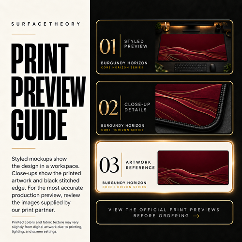 Burgundy Horizon print preview guide with a styled mockup, close-up and artwork reference.