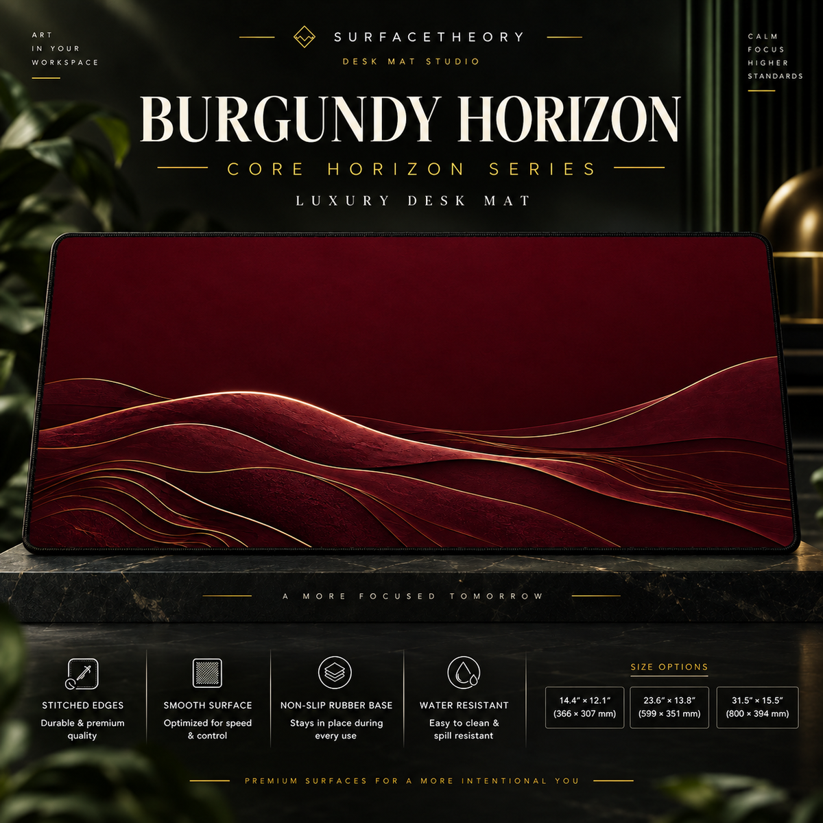Burgundy Horizon desk mat on a studio display with size and product information.