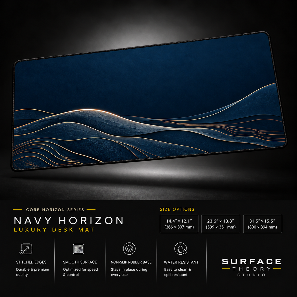 Navy Horizon desk mat floating against a dark studio background.