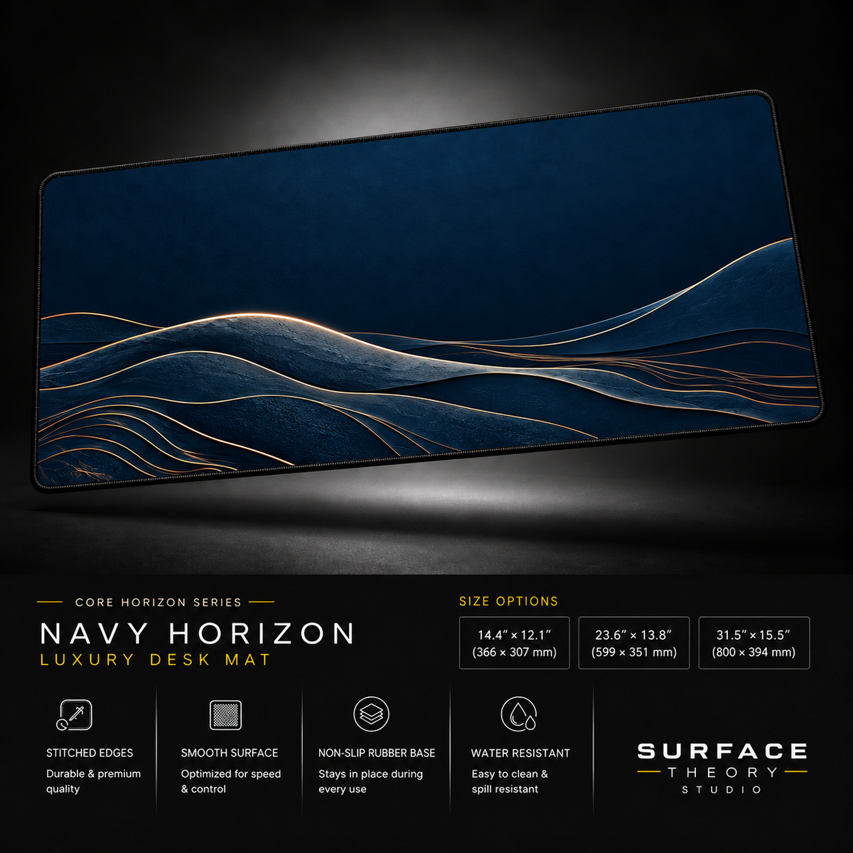 Navy Horizon desk mat floating against a dark studio background.