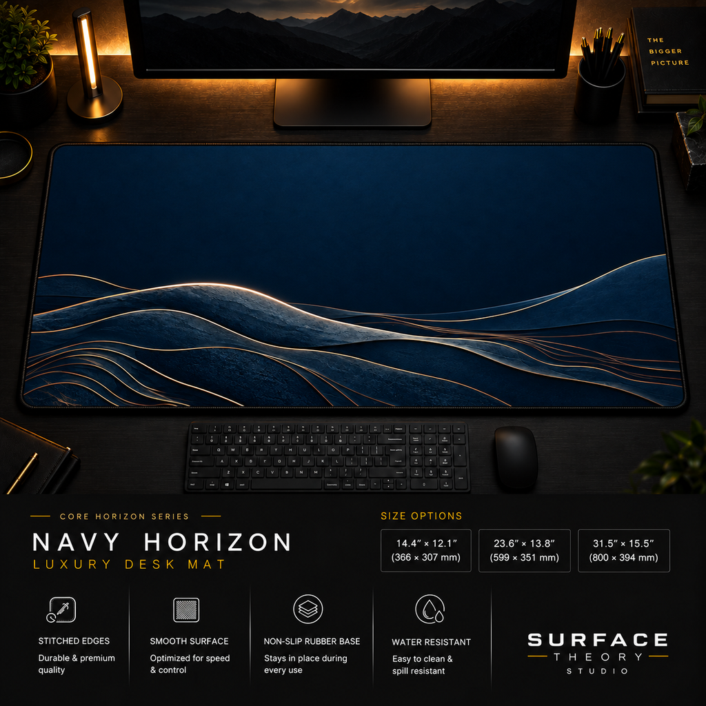 Navy Horizon desk mat in a dark workstation with warm monitor lighting.