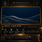 Navy Horizon desk mat in a gold-toned showcase frame above a keyboard.
