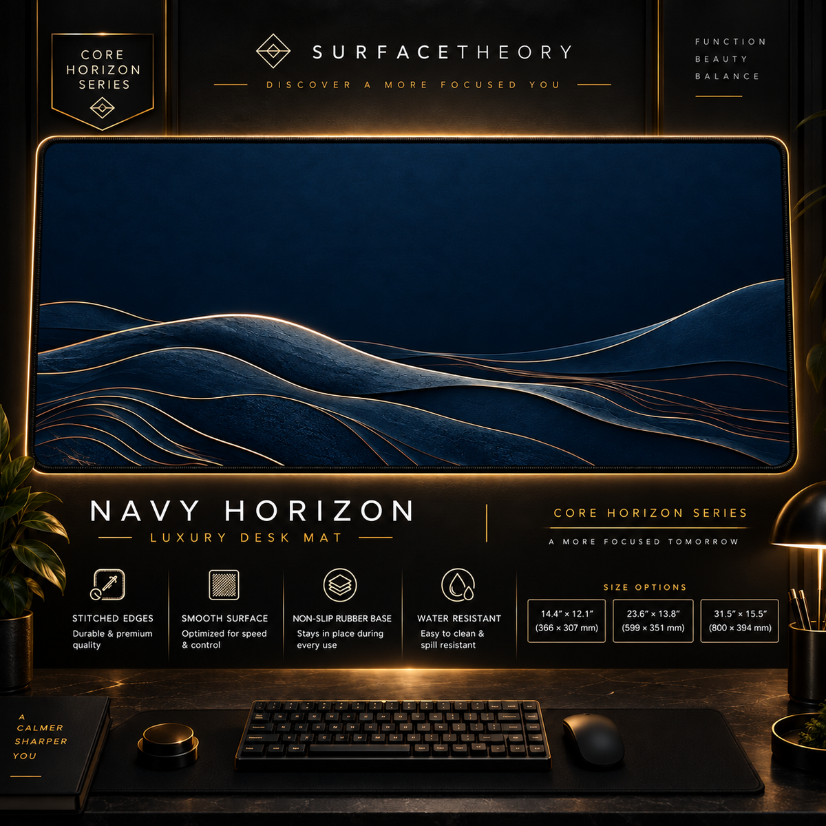 Navy Horizon desk mat in a gold-toned showcase frame above a keyboard.