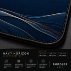 Close-up of Navy Horizon printed landscape artwork and black stitched corner.