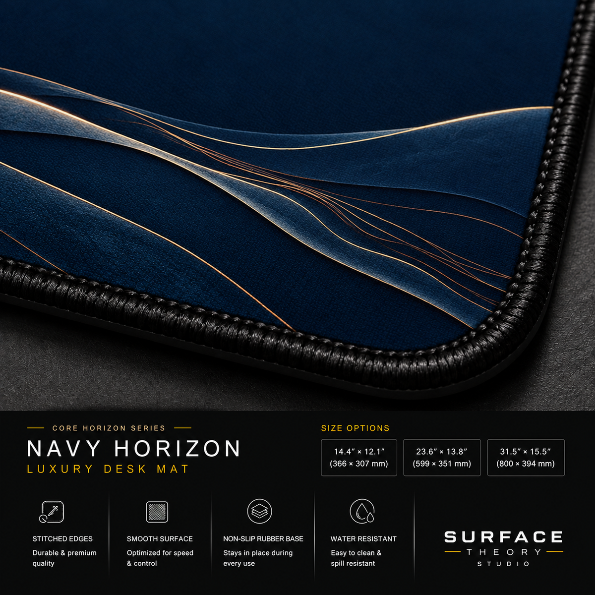 Close-up of Navy Horizon printed landscape artwork and black stitched corner.