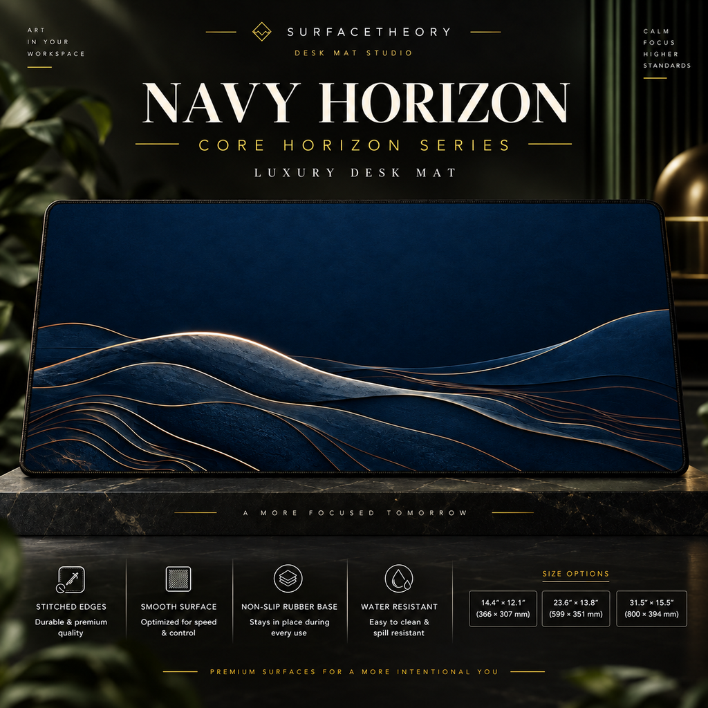 Navy Horizon desk mat on a studio display with size and product information.
