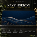 Navy Horizon desk mat on a studio display with size and product information.
