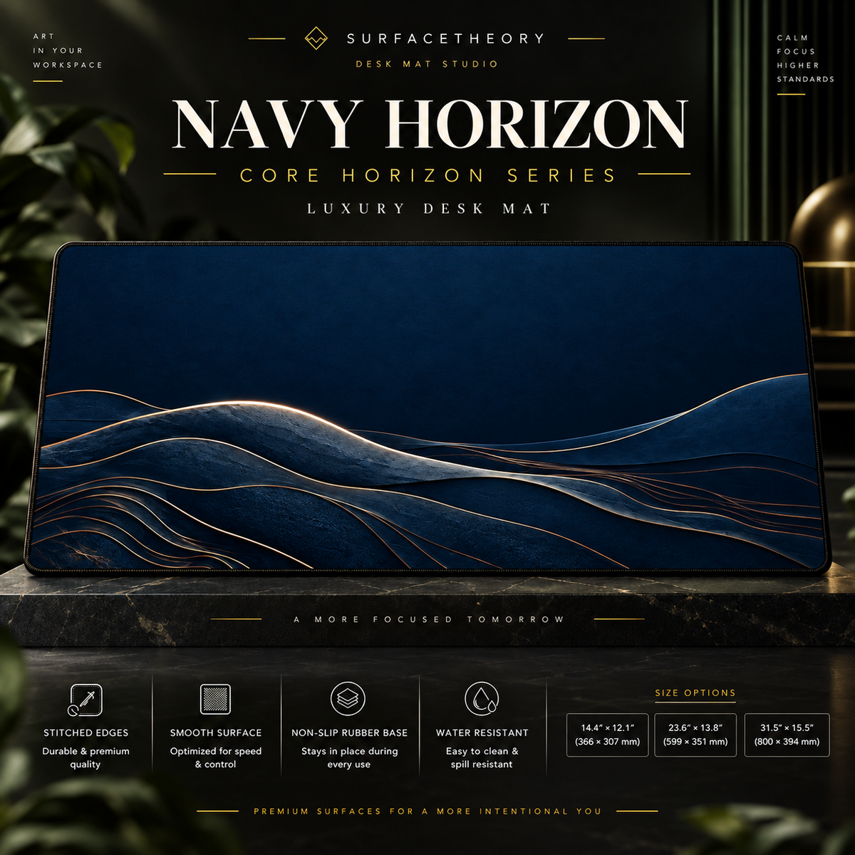 Navy Horizon desk mat on a studio display with size and product information.