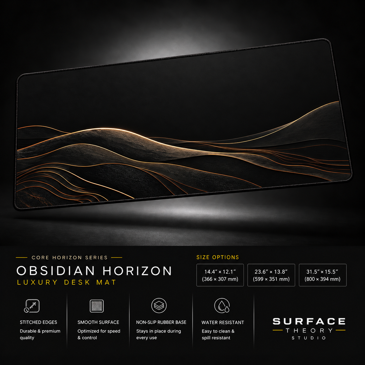 Obsidian Horizon desk mat floating against a dark studio background.