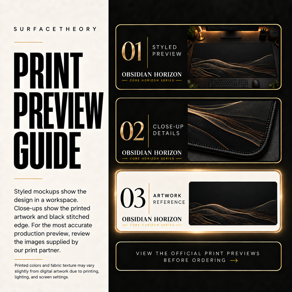 Obsidian Horizon print preview guide comparing styled presentation, close-up and artwork reference.