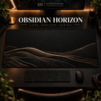 Obsidian Horizon desk mat in a warm, dark workspace.