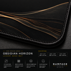 Close-up of Obsidian Horizon printed artwork and black stitched corner.