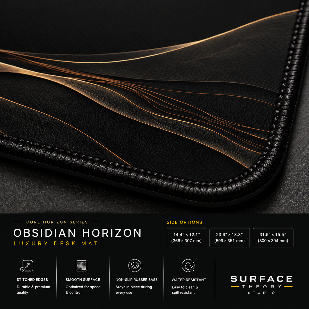 Close-up of Obsidian Horizon printed artwork and black stitched corner.