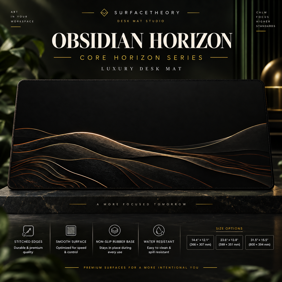 Obsidian Horizon desk mat on a studio display with size and product information.