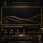 Obsidian Horizon desk mat in a gold-toned showcase frame above a keyboard.