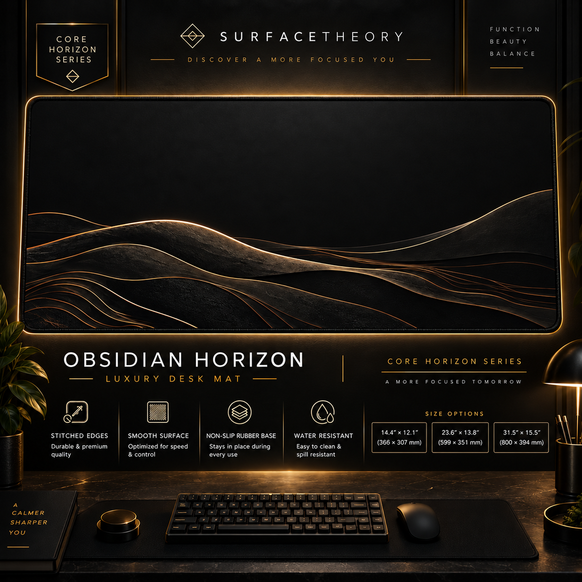 Obsidian Horizon desk mat in a gold-toned showcase frame above a keyboard.