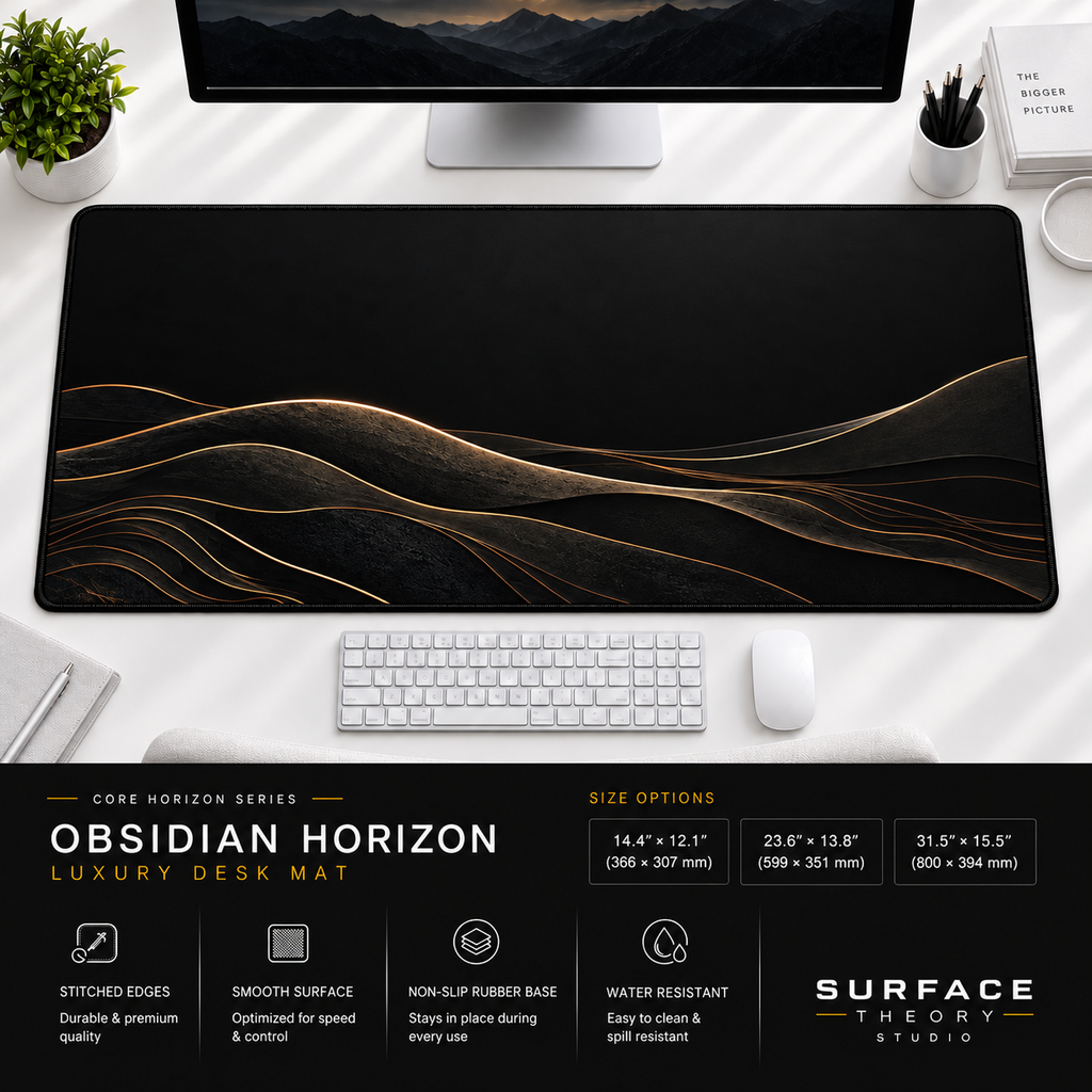 Obsidian Horizon desk mat beneath a monitor on a bright desk with a white keyboard and mouse.