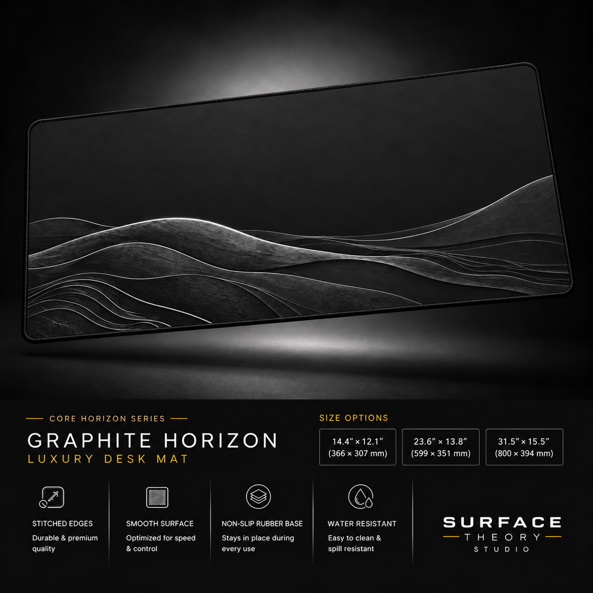 Graphite Horizon desk mat floating against a dark studio background.