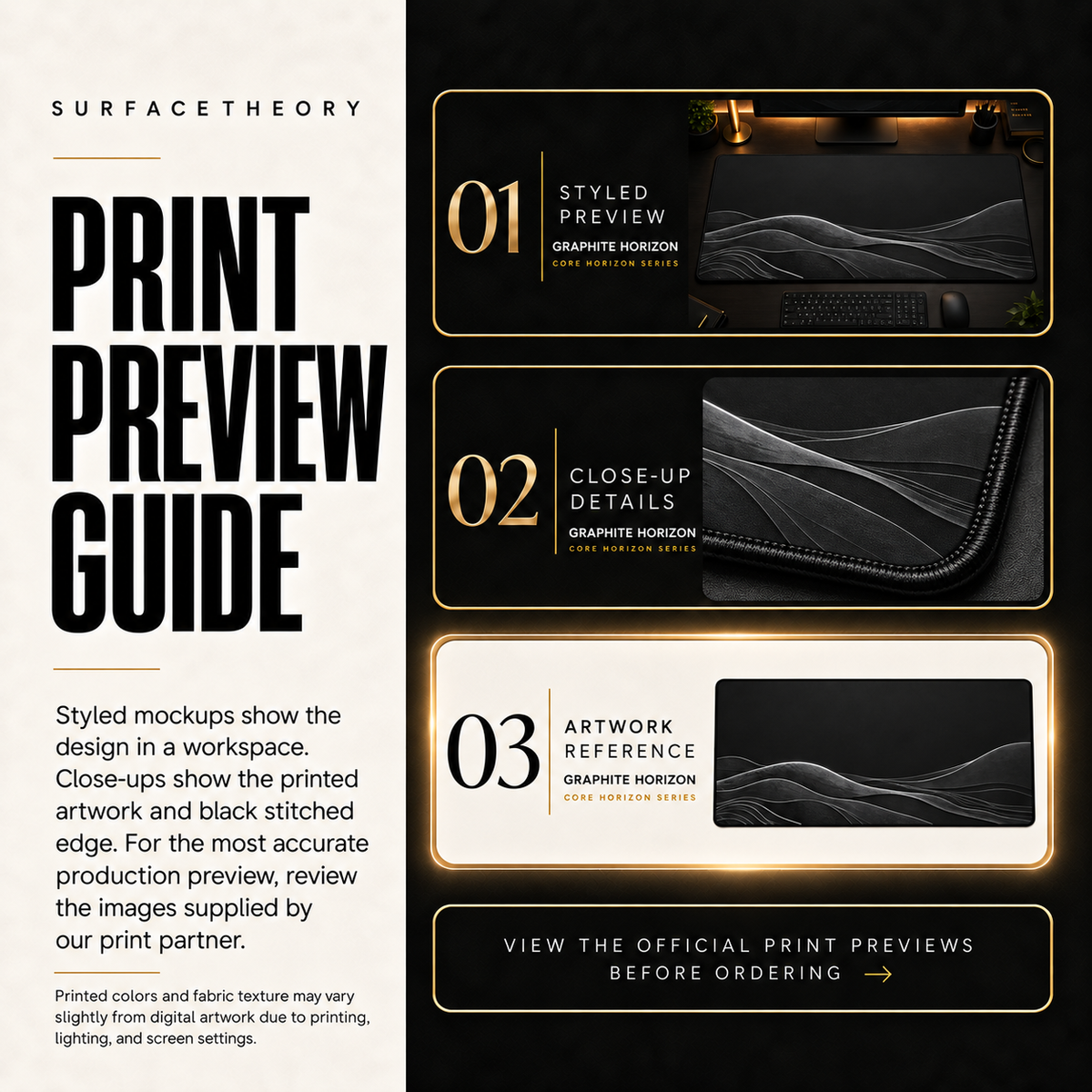 Graphite Horizon print preview guide with a styled mockup, close-up and artwork reference.