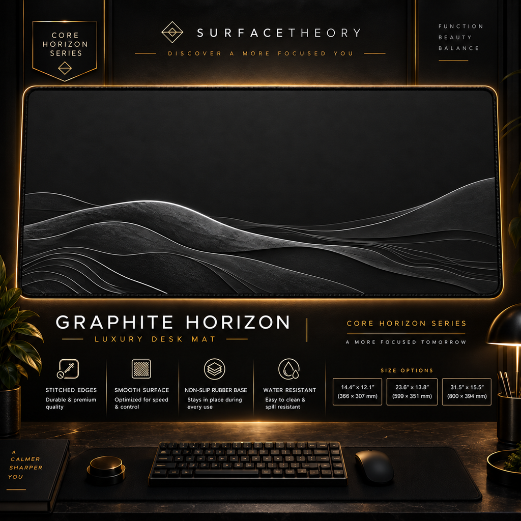 Graphite Horizon desk mat in a gold-toned showcase frame above a keyboard.