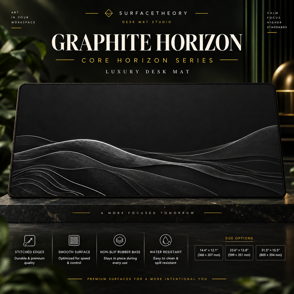 Graphite Horizon desk mat on a studio display with size and product information.