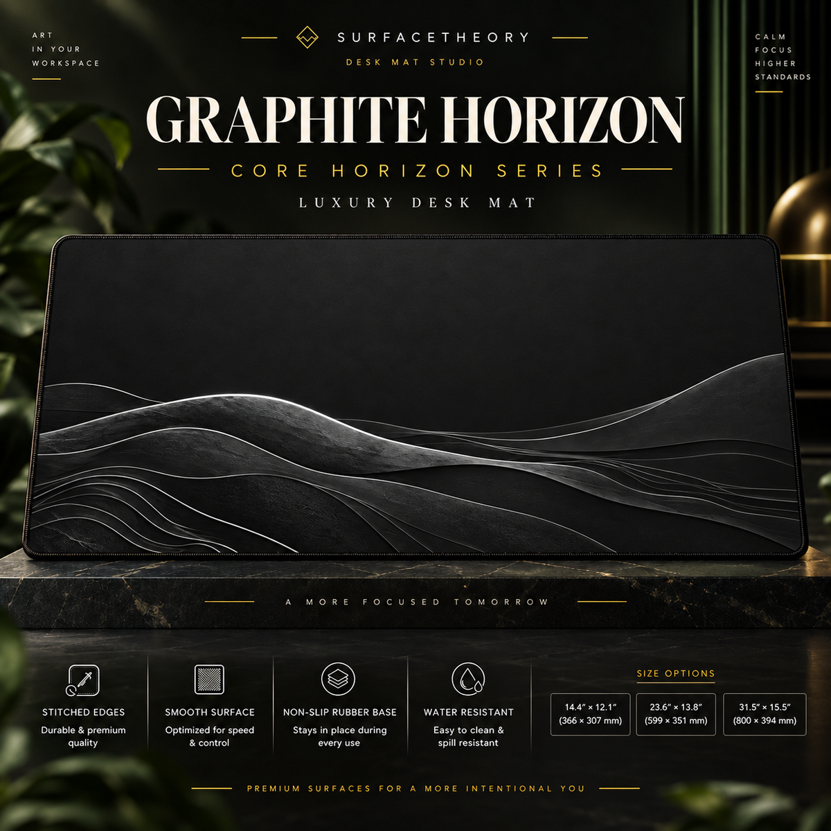 Graphite Horizon desk mat on a studio display with size and product information.