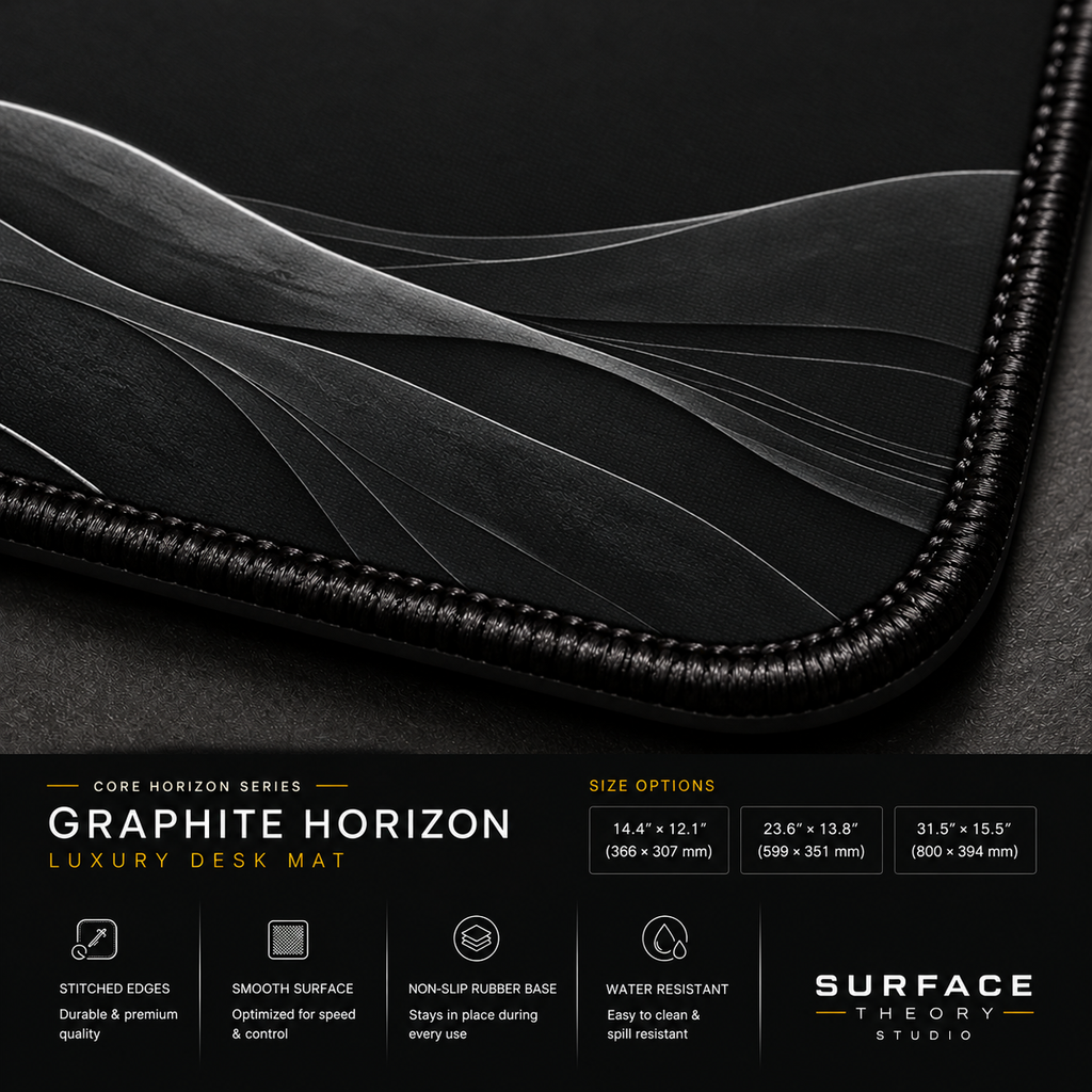 Close-up of Graphite Horizon printed landscape artwork and black stitched corner.